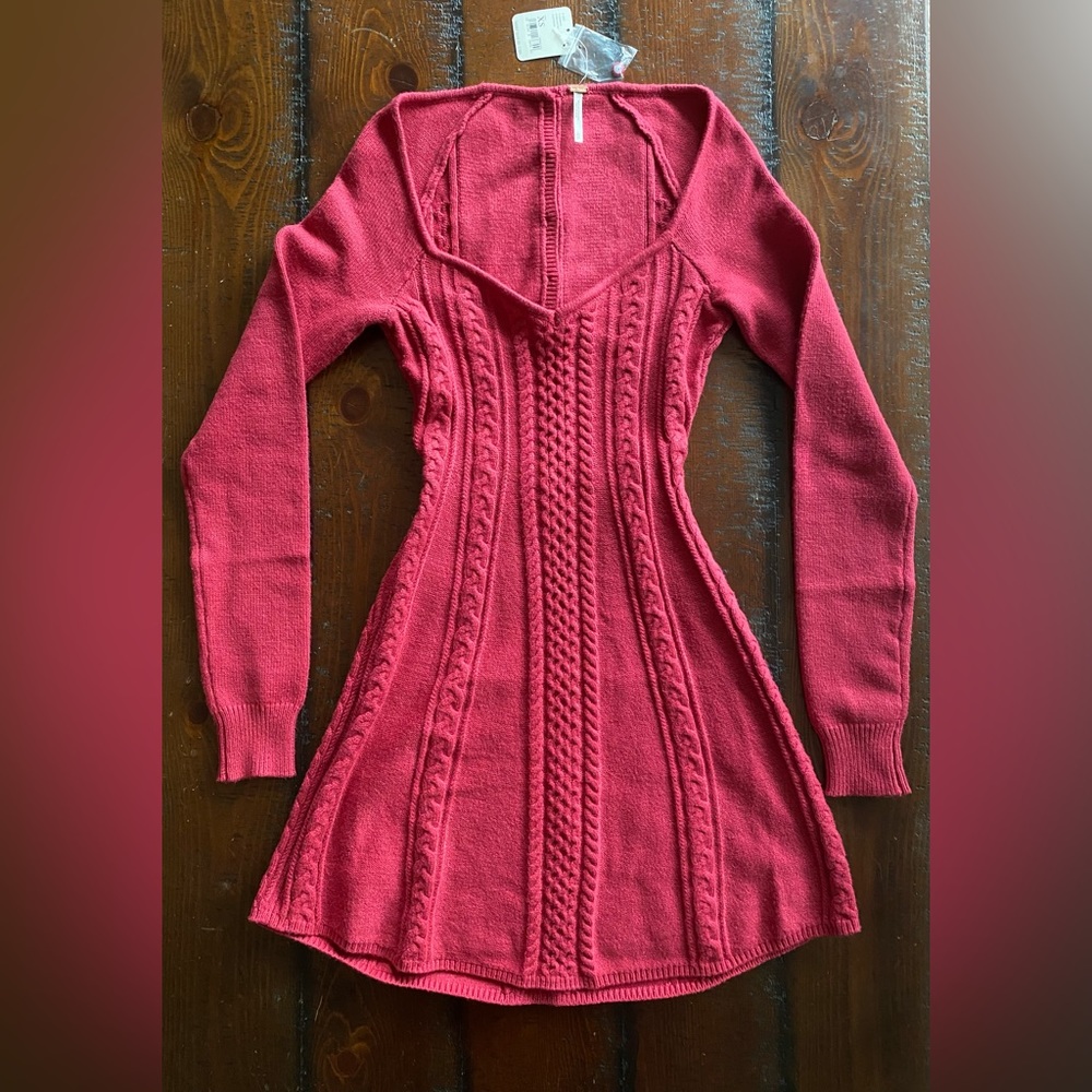 Free People Small World long sleeve cable knit sweater dress cranberry SZ XS NWT